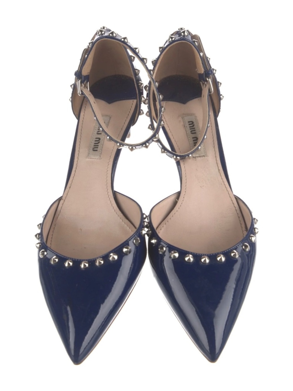 Vintage Miu Miu Blue Patent Leather Kitten Heel Studded Shoe Pump Sandal 38.5 - Picture 2 of 12